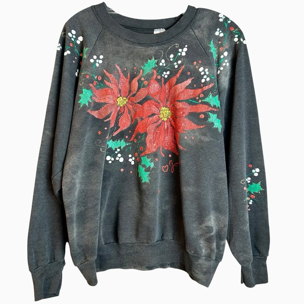 Vintage 90s Faded Black Christmas Sweatshirt Raglan Sleeve Crewneck XL - Joyce